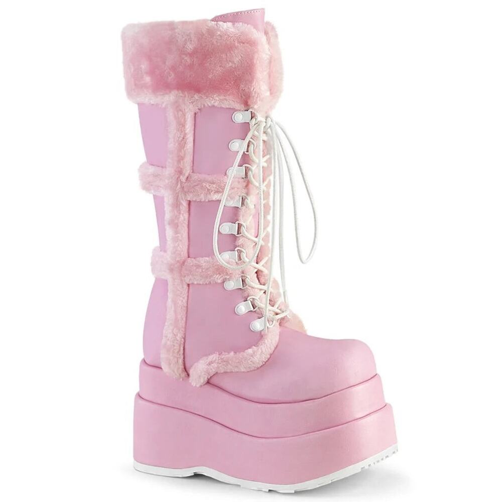 Demonia BEAR-202 Pink Vegan Leather Faux Fur Platform Boots Women's Size 10 NIB
